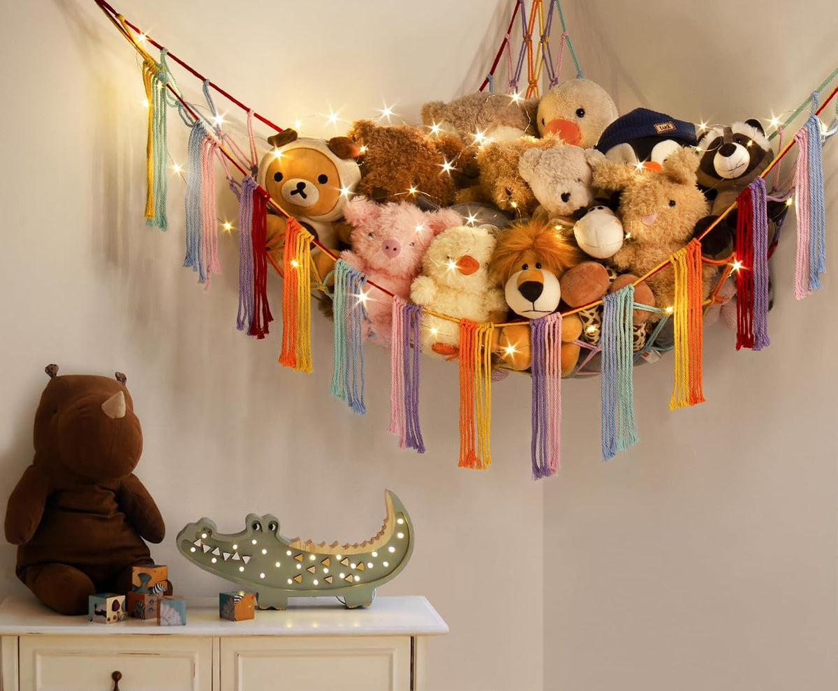 Stuffed Animal Hammock Corner with LED Light - Toy Storage Hammock Plushie Net Large - Cute Stuff Animals Holder Hanging Organizer - Baby Room Decor Kids Toddler Nursery Bedroom Boho