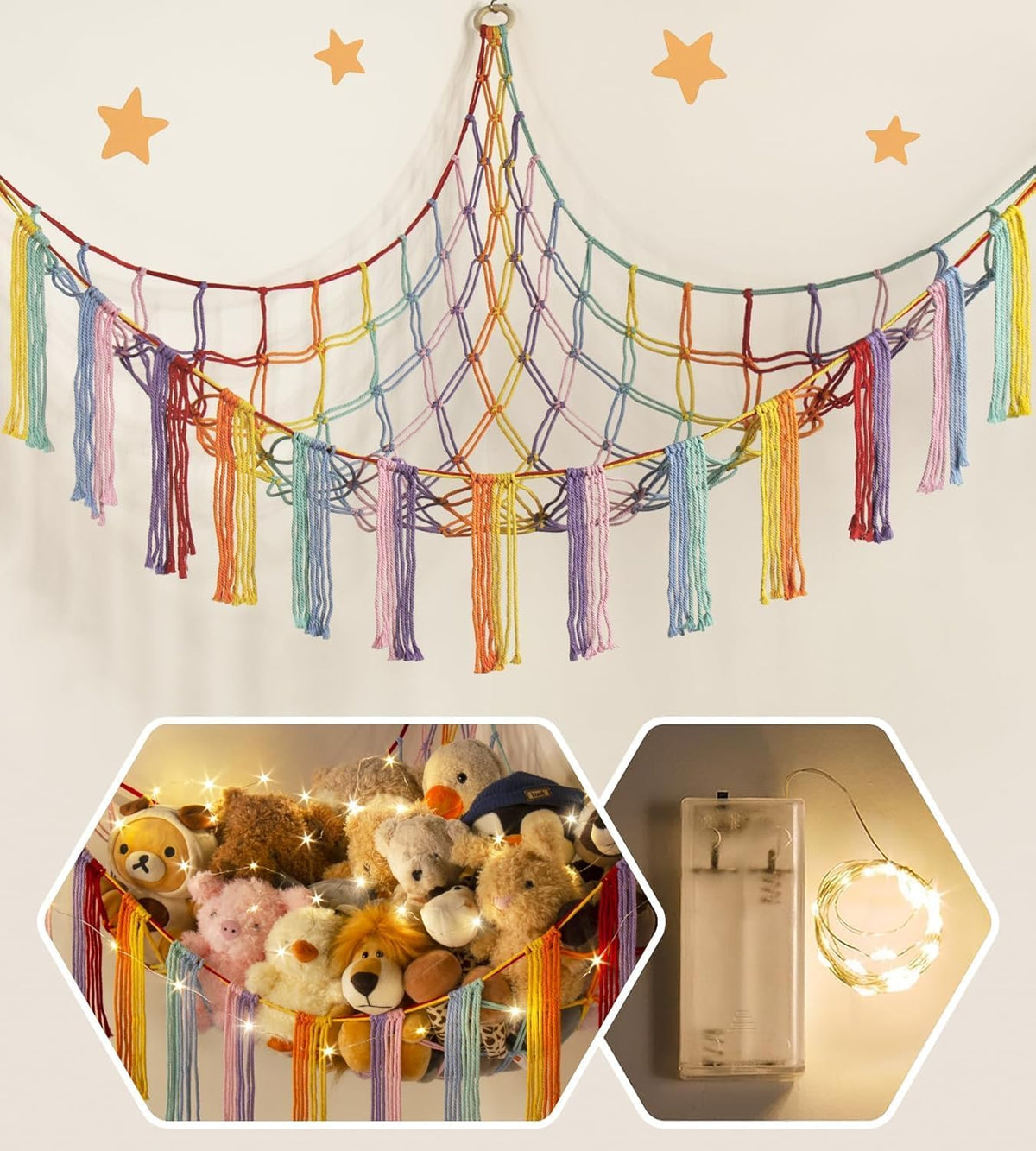 Stuffed Animal Hammock Corner with LED Light - Toy Storage Hammock Plushie Net Large - Cute Stuff Animals Holder Hanging Organizer - Baby Room Decor Kids Toddler Nursery Bedroom Boho
