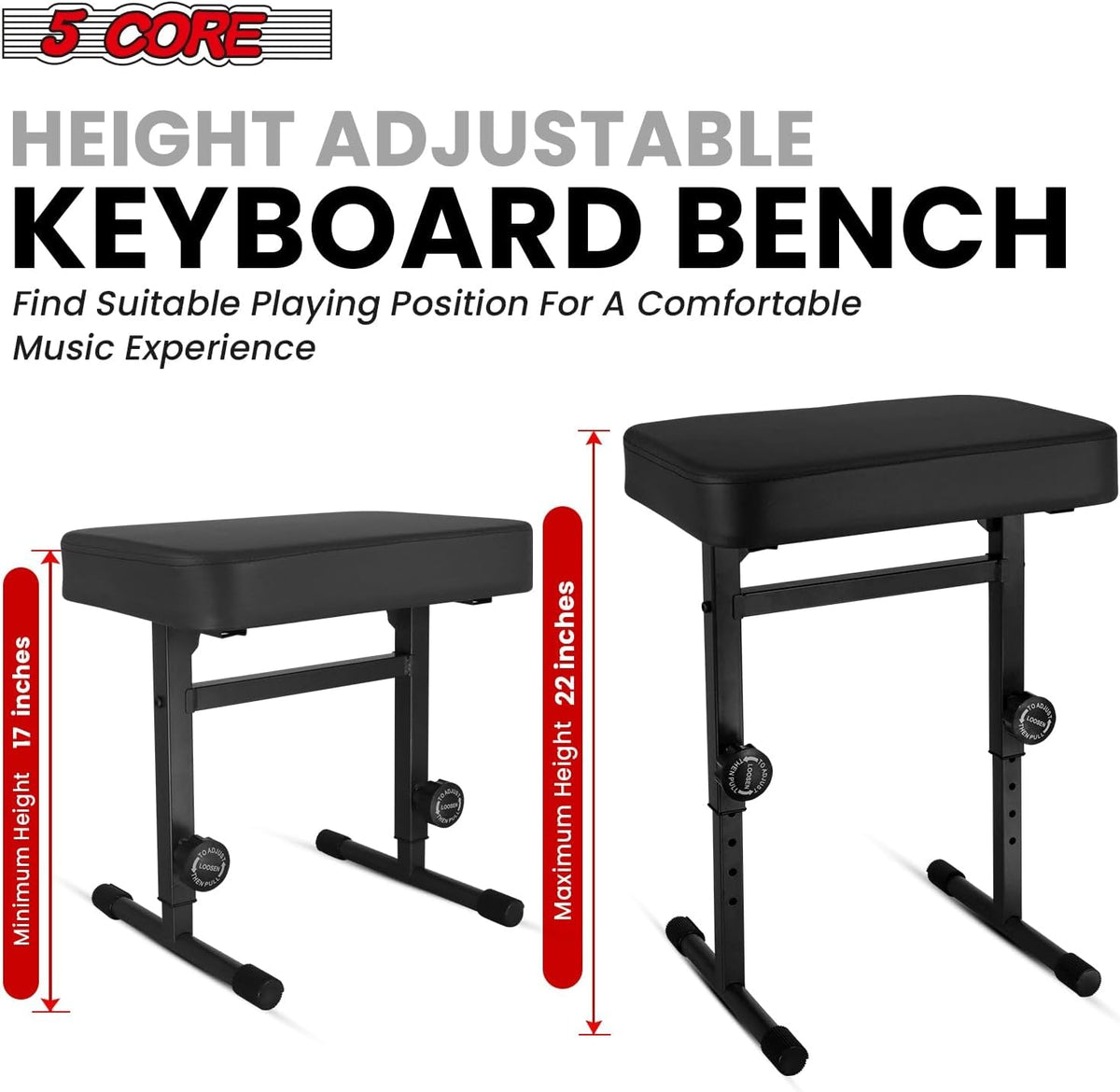 Keyboard Bench Piano Stool 3" Padded Seat Height Adjustable 22in Heavy Duty Musician Chair Iron Legs w Non Slip Rubber Caps for On Stage and Studio Black