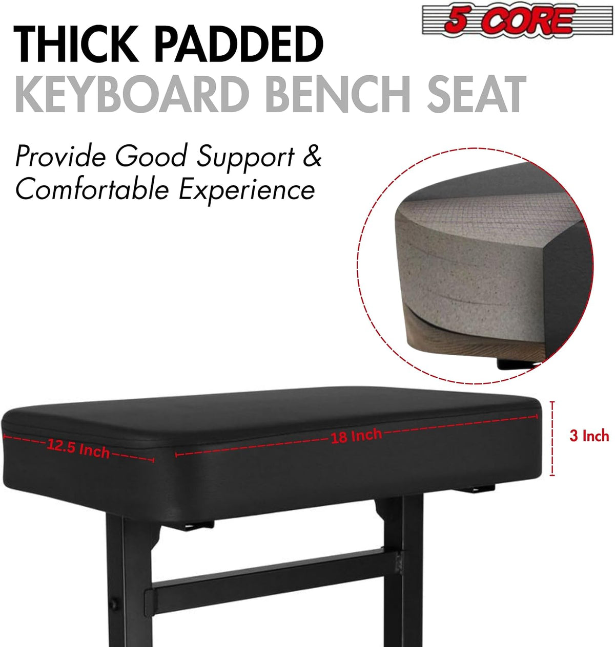 Keyboard Bench Piano Stool 3" Padded Seat Height Adjustable 22in Heavy Duty Musician Chair Iron Legs w Non Slip Rubber Caps for On Stage and Studio Black