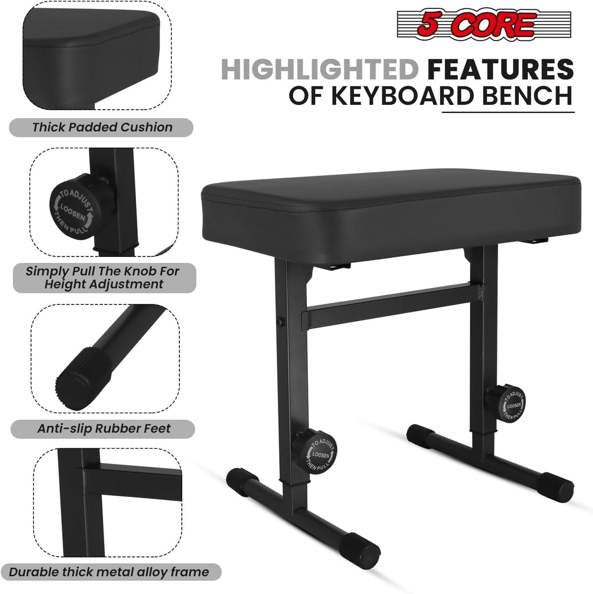 Keyboard Bench Piano Stool 3" Padded Seat Height Adjustable 22in Heavy Duty Musician Chair Iron Legs w Non Slip Rubber Caps for On Stage and Studio Black