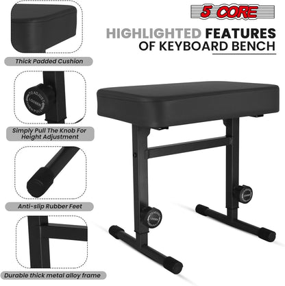 Keyboard Bench Piano Stool 3" Padded Seat Height Adjustable 22in Heavy Duty Musician Chair Iron Legs w Non Slip Rubber Caps for On Stage and Studio Black