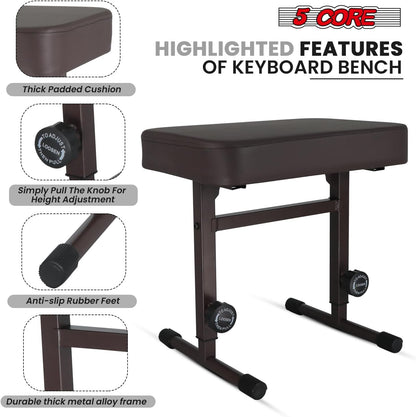 Keyboard Bench Piano Stool 3" Padded Seat Height Adjustable 22in Heavy Duty Musician Chair Iron Legs w Non Slip Rubber Caps for On Stage and Studio Black