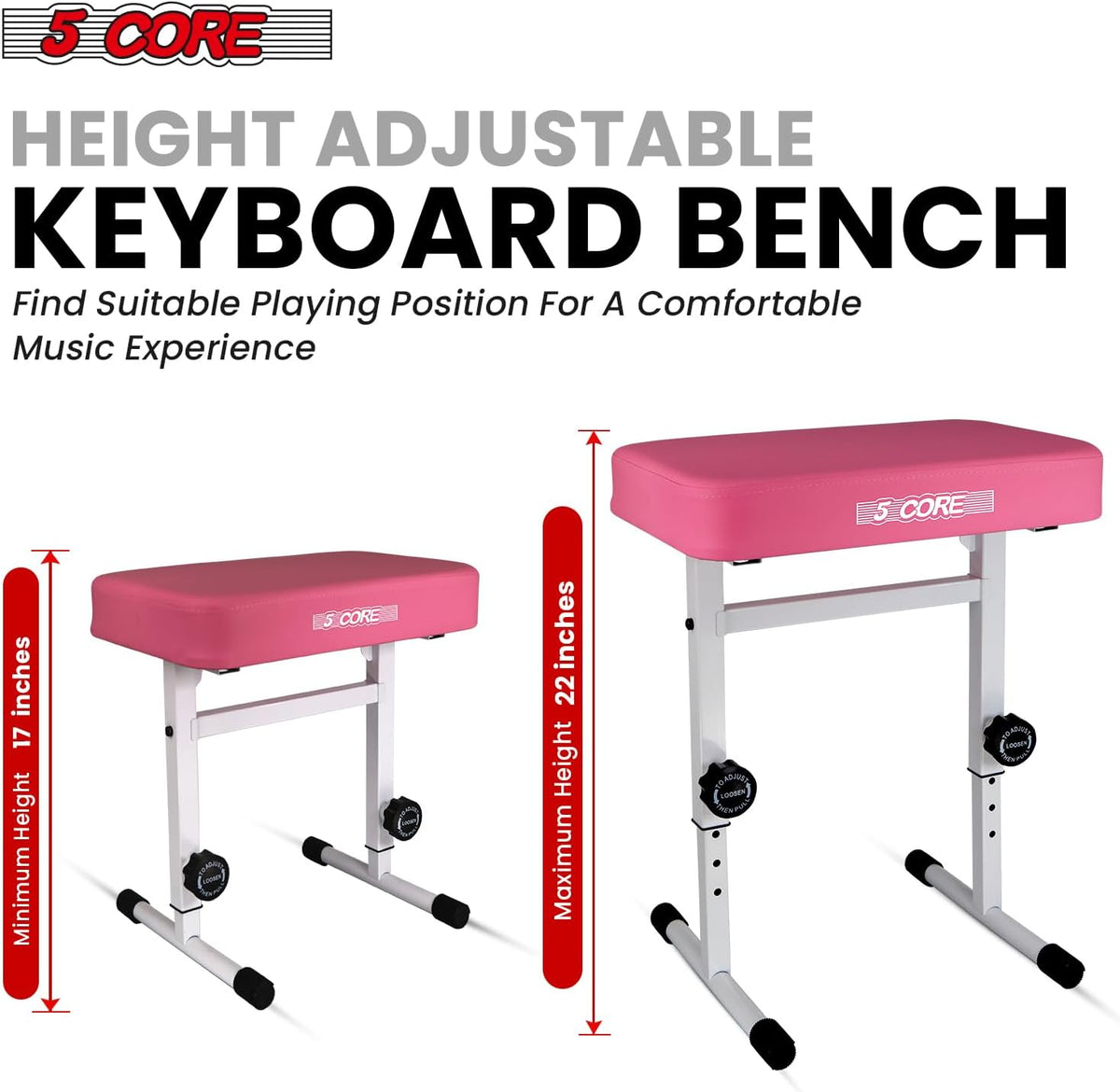 Keyboard Bench Piano Stool 3" Padded Seat Height Adjustable 22in Heavy Duty Musician Chair Iron Legs w Non Slip Rubber Caps for On Stage and Studio Black