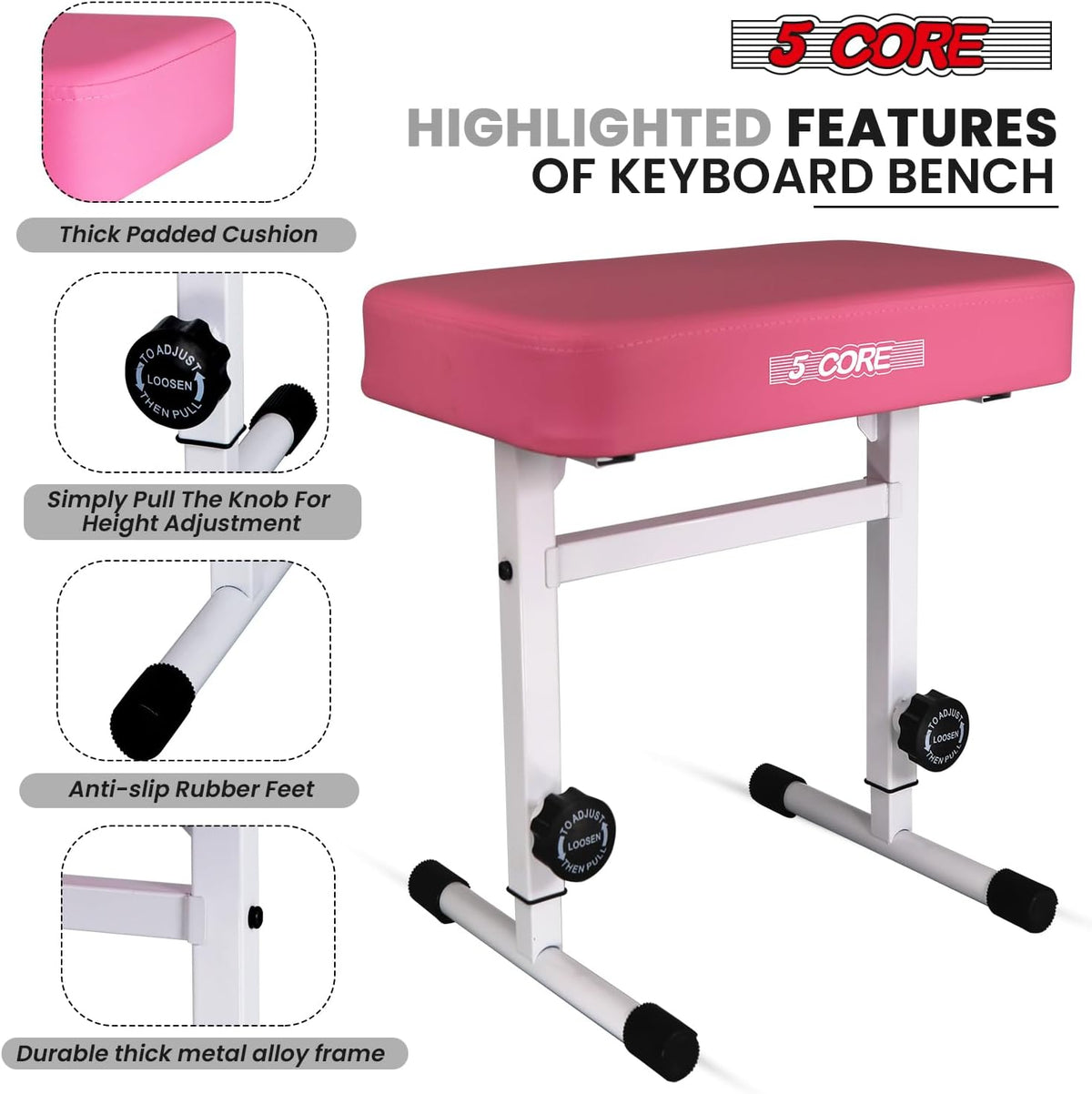 Keyboard Bench Piano Stool 3" Padded Seat Height Adjustable 22in Heavy Duty Musician Chair Iron Legs w Non Slip Rubber Caps for On Stage and Studio Black
