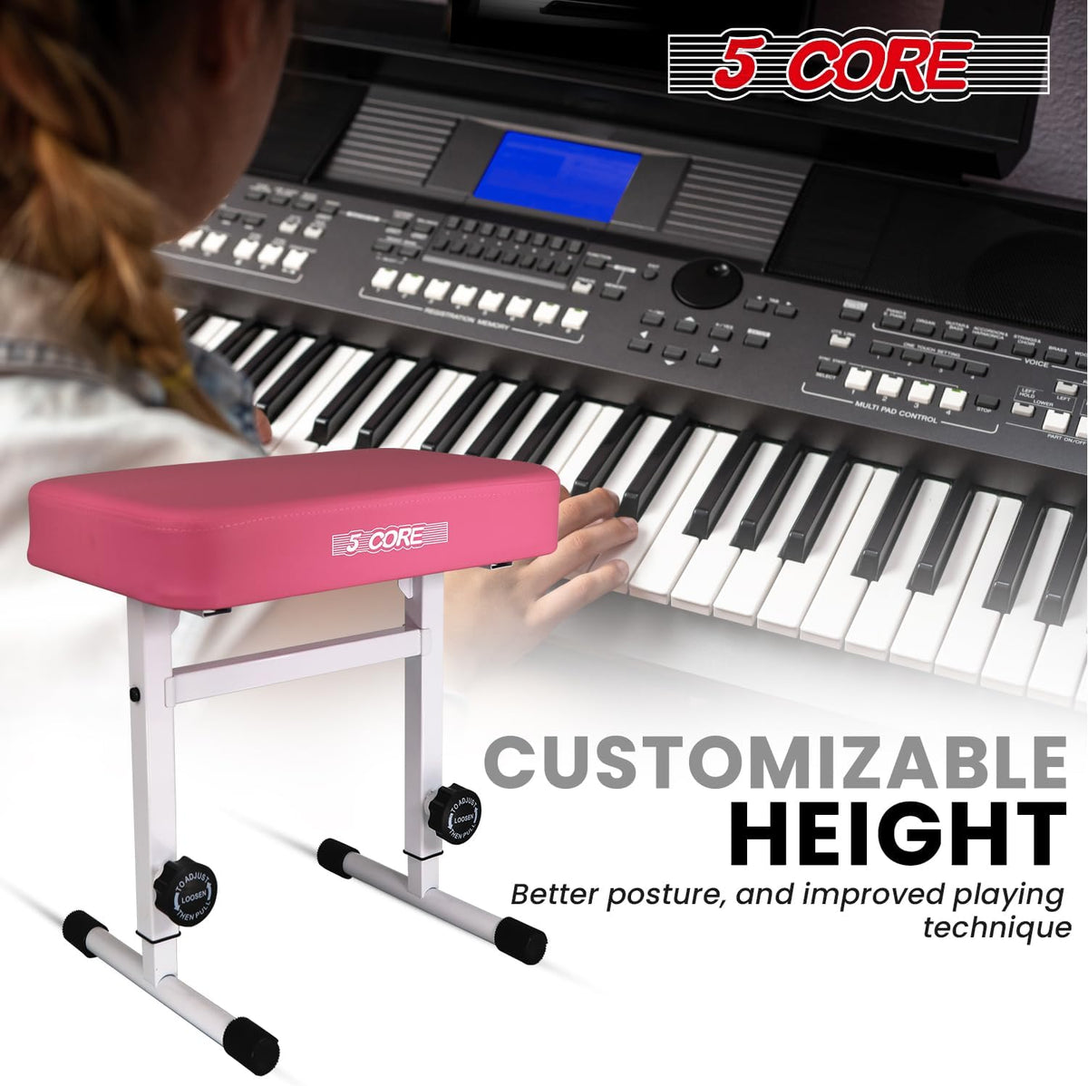 Keyboard Bench Piano Stool 3" Padded Seat Height Adjustable 22in Heavy Duty Musician Chair Iron Legs w Non Slip Rubber Caps for On Stage and Studio Black
