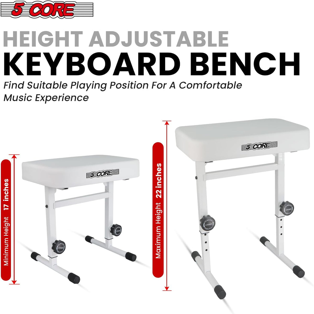 Keyboard Bench Piano Stool 3" Padded Seat Height Adjustable 22in Heavy Duty Musician Chair Iron Legs w Non Slip Rubber Caps for On Stage and Studio Black