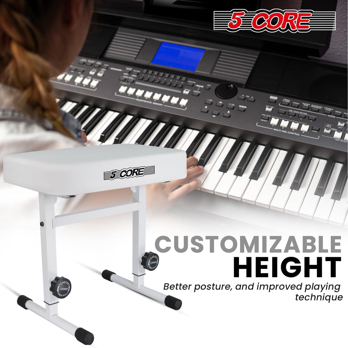 Keyboard Bench Piano Stool 3" Padded Seat Height Adjustable 22in Heavy Duty Musician Chair Iron Legs w Non Slip Rubber Caps for On Stage and Studio Black