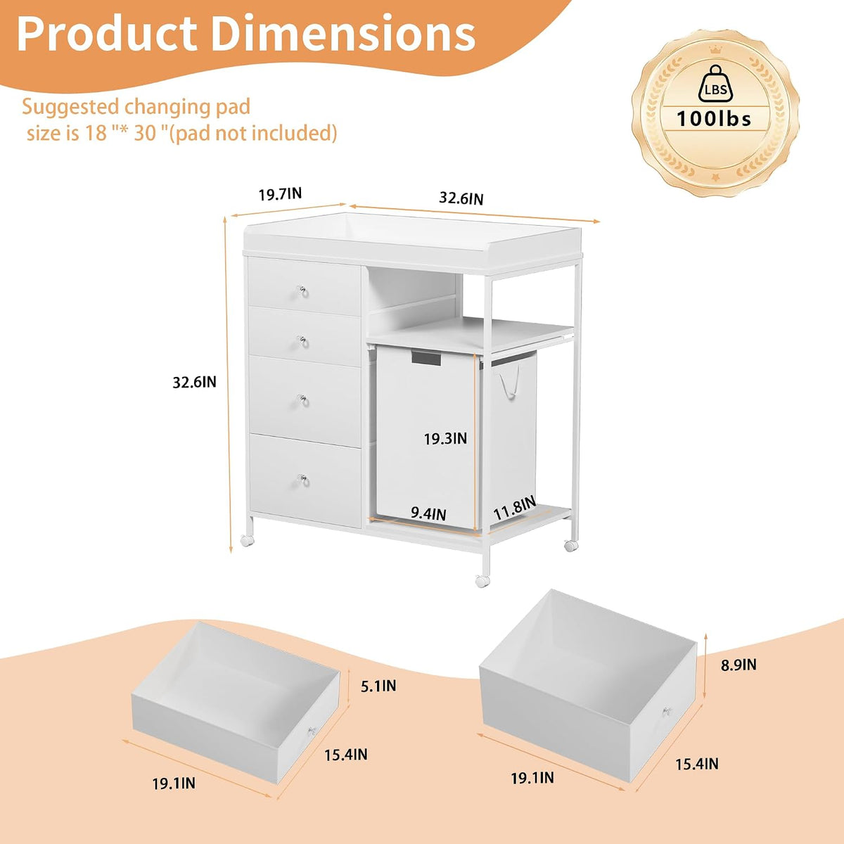 32.6" Baby Changing Station with 4 Wheels Diaper Changing Station for Baby