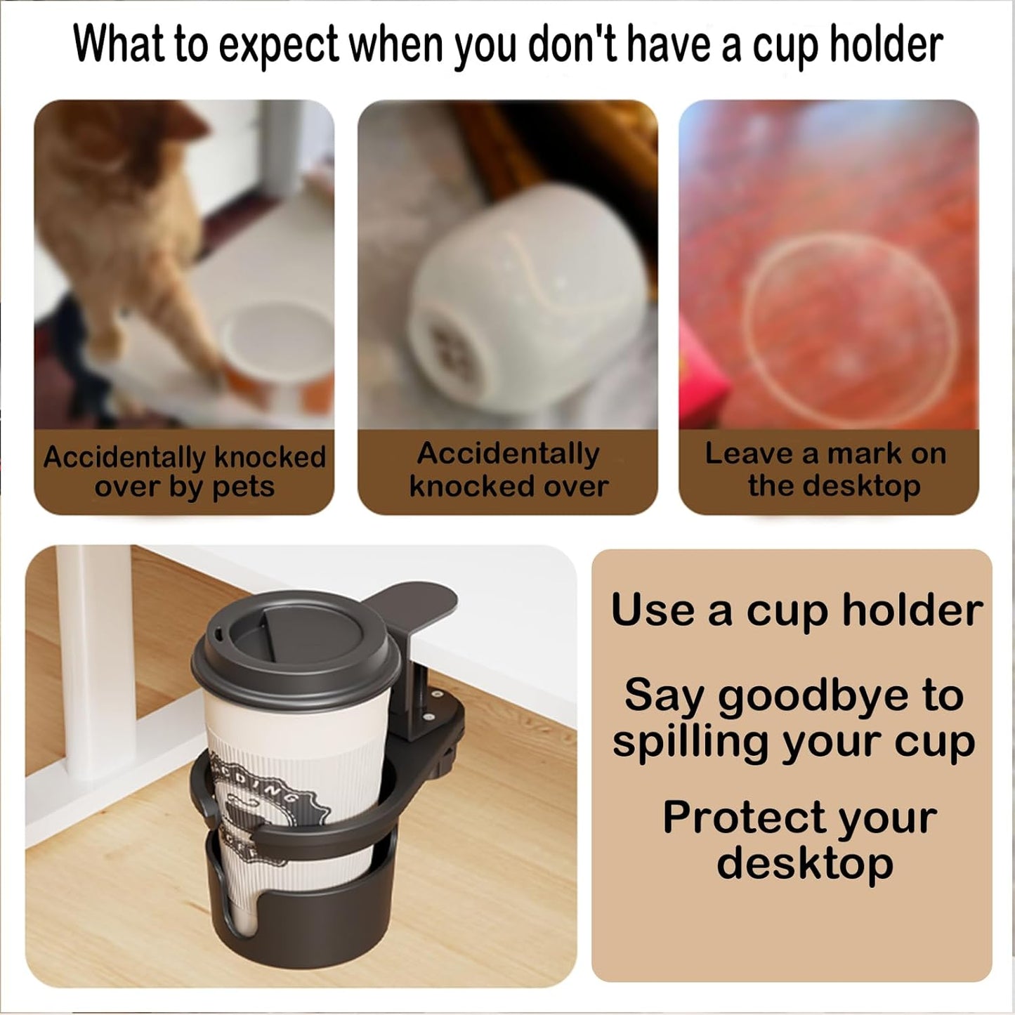 Desk Cup Holder, 360° Rotating Under-Table Cup Holder, Anti-Spill Water Bottle Stand & Coffee Mug Storage for Home, Office & School