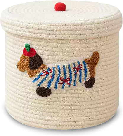 Cute Dog Cotton Rope Storage Basket with Lid, 10"×10"×9" Woven Storage Bin, Large Capacity Dustproof Toy Organizer, Decorative Laundry Hamper for Living Room, Nursery, Kids Room (Small)