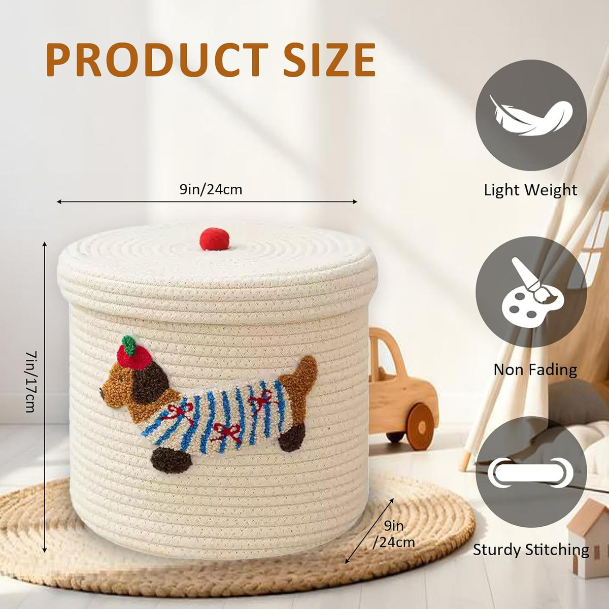 Cute Dog Cotton Rope Storage Basket with Lid, 10"×10"×9" Woven Storage Bin, Large Capacity Dustproof Toy Organizer, Decorative Laundry Hamper for Living Room, Nursery, Kids Room (Small)