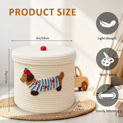 Cute Dog Cotton Rope Storage Basket with Lid, 10"×10"×9" Woven Storage Bin, Large Capacity Dustproof Toy Organizer, Decorative Laundry Hamper for Living Room, Nursery, Kids Room (Small)