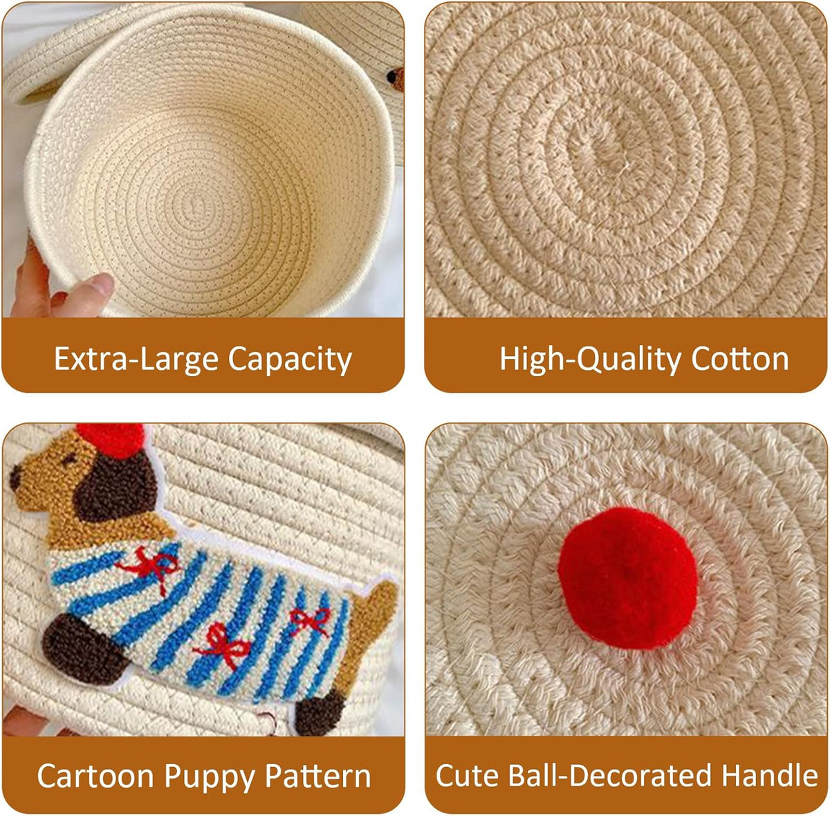 Cute Dog Cotton Rope Storage Basket with Lid, 10"×10"×9" Woven Storage Bin, Large Capacity Dustproof Toy Organizer, Decorative Laundry Hamper for Living Room, Nursery, Kids Room (Small)