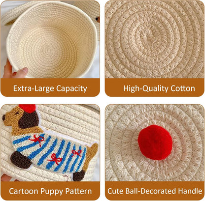 Cute Dog Cotton Rope Storage Basket with Lid, 10"×10"×9" Woven Storage Bin, Large Capacity Dustproof Toy Organizer, Decorative Laundry Hamper for Living Room, Nursery, Kids Room (Small)
