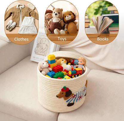Cute Dog Cotton Rope Storage Basket with Lid, 10"×10"×9" Woven Storage Bin, Large Capacity Dustproof Toy Organizer, Decorative Laundry Hamper for Living Room, Nursery, Kids Room (Small)