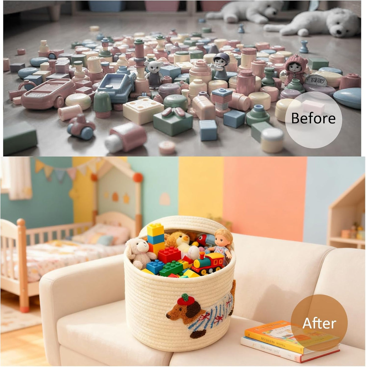 Cute Dog Cotton Rope Storage Basket with Lid, 10"×10"×9" Woven Storage Bin, Large Capacity Dustproof Toy Organizer, Decorative Laundry Hamper for Living Room, Nursery, Kids Room (Small)