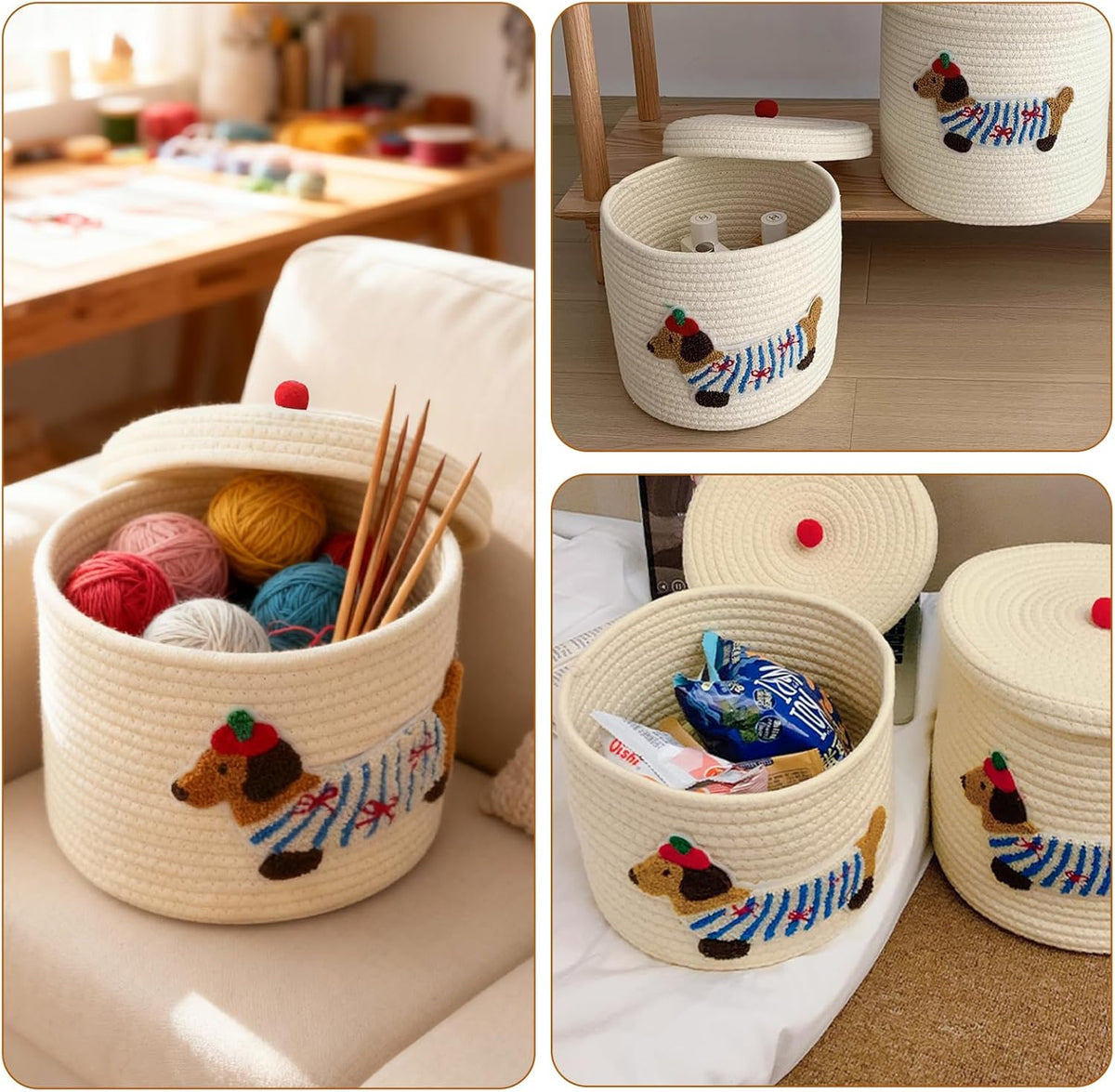 Cute Dog Cotton Rope Storage Basket with Lid, 10"×10"×9" Woven Storage Bin, Large Capacity Dustproof Toy Organizer, Decorative Laundry Hamper for Living Room, Nursery, Kids Room (Small)
