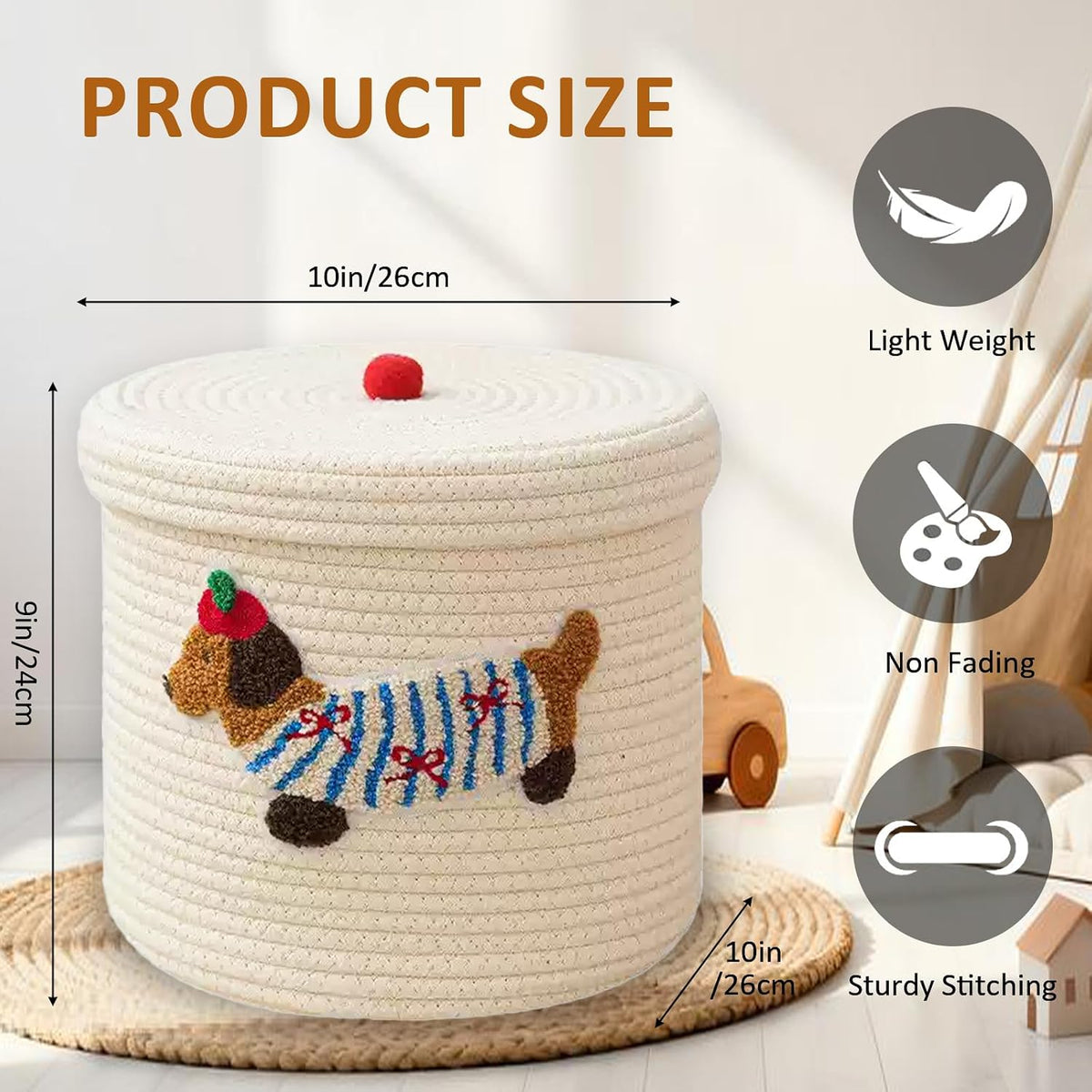 Cute Dog Cotton Rope Storage Basket with Lid, 10"×10"×9" Woven Storage Bin, Large Capacity Dustproof Toy Organizer, Decorative Laundry Hamper for Living Room, Nursery, Kids Room (Small)