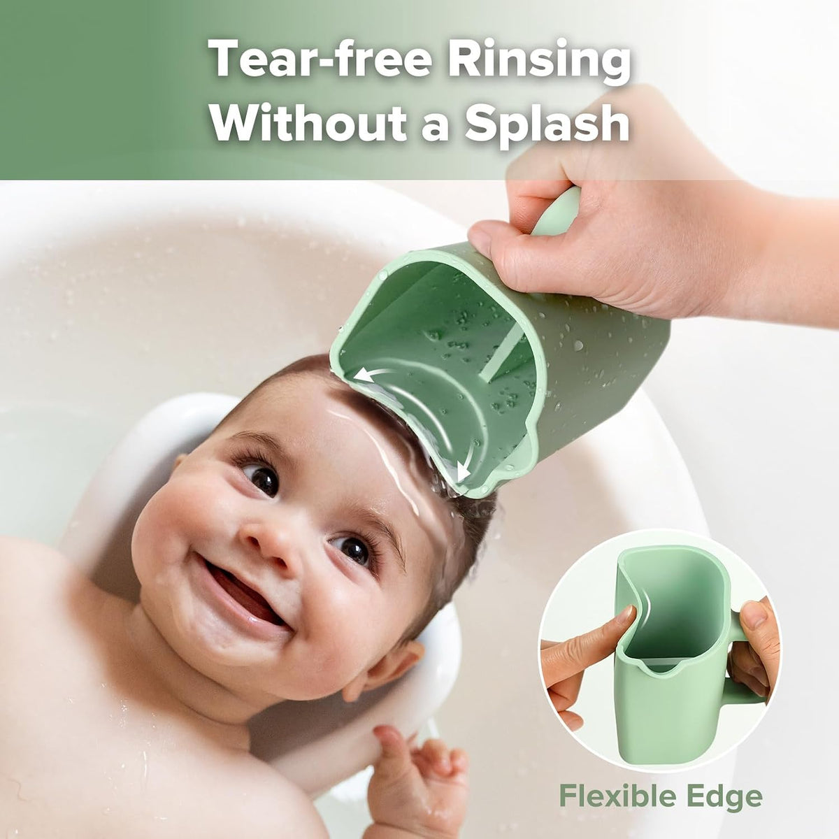 Gentle Pour Bath Rinse Cup | Food Grade Silicone Shampoo & Body Washing Rinser Cup for Kids with Easy Grip Handle - Pea Green