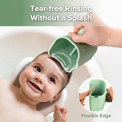 Gentle Pour Bath Rinse Cup | Food Grade Silicone Shampoo & Body Washing Rinser Cup for Kids with Easy Grip Handle - Pea Green
