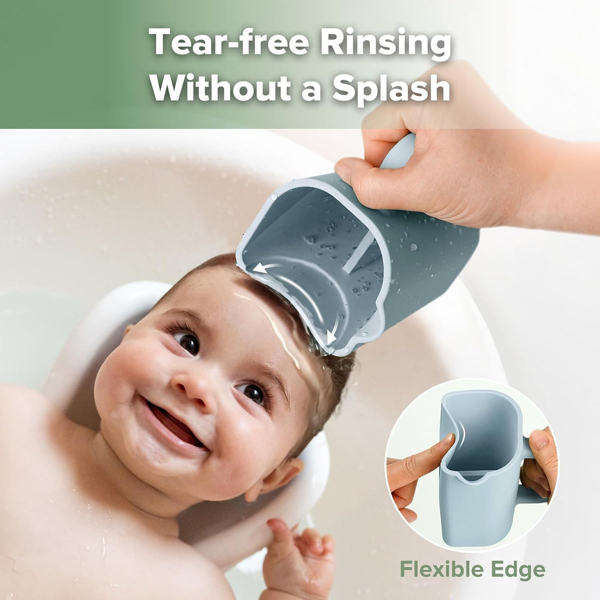 Gentle Pour Bath Rinse Cup | Food Grade Silicone Shampoo & Body Washing Rinser Cup for Kids with Easy Grip Handle - Pea Green