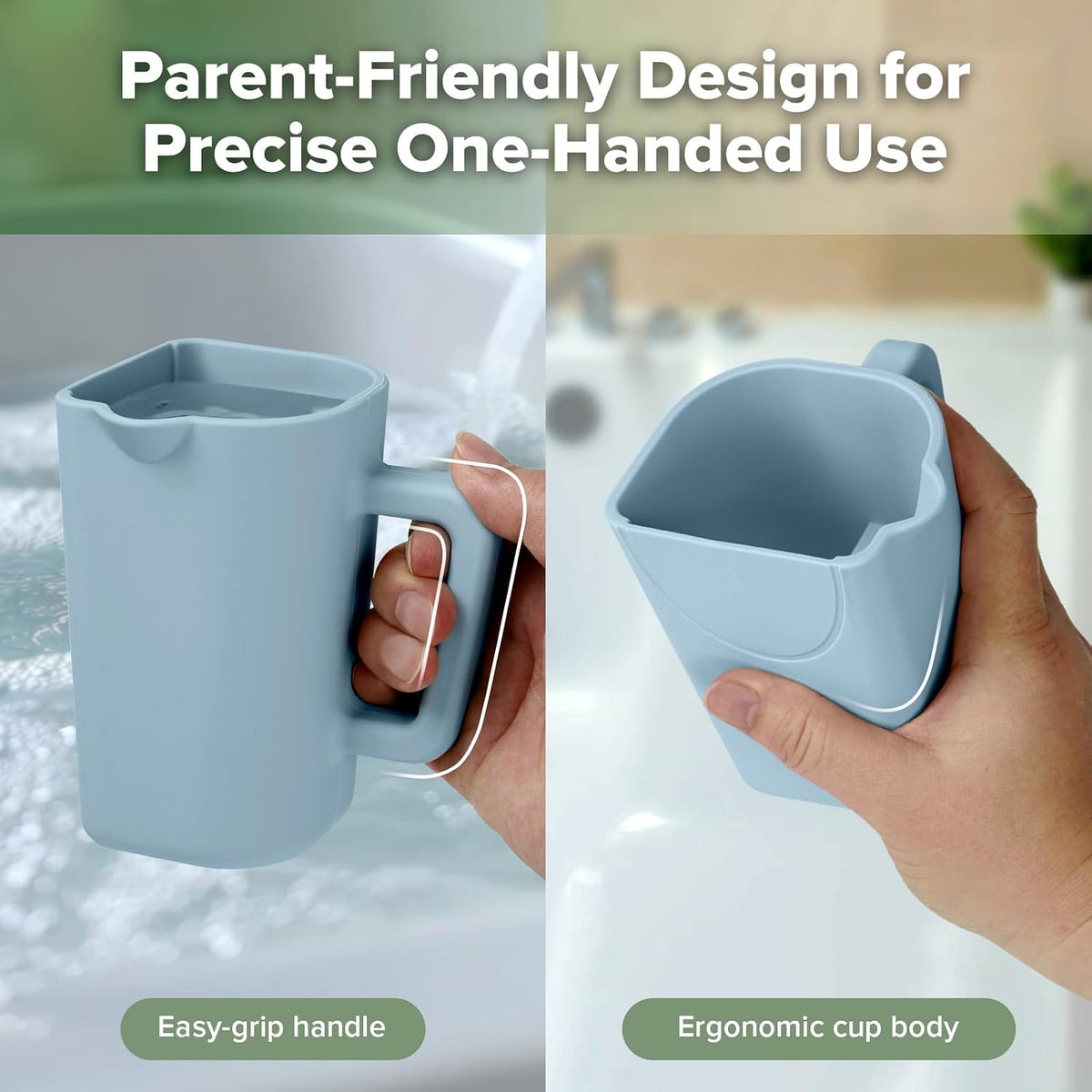 Gentle Pour Bath Rinse Cup | Food Grade Silicone Shampoo & Body Washing Rinser Cup for Kids with Easy Grip Handle - Pea Green