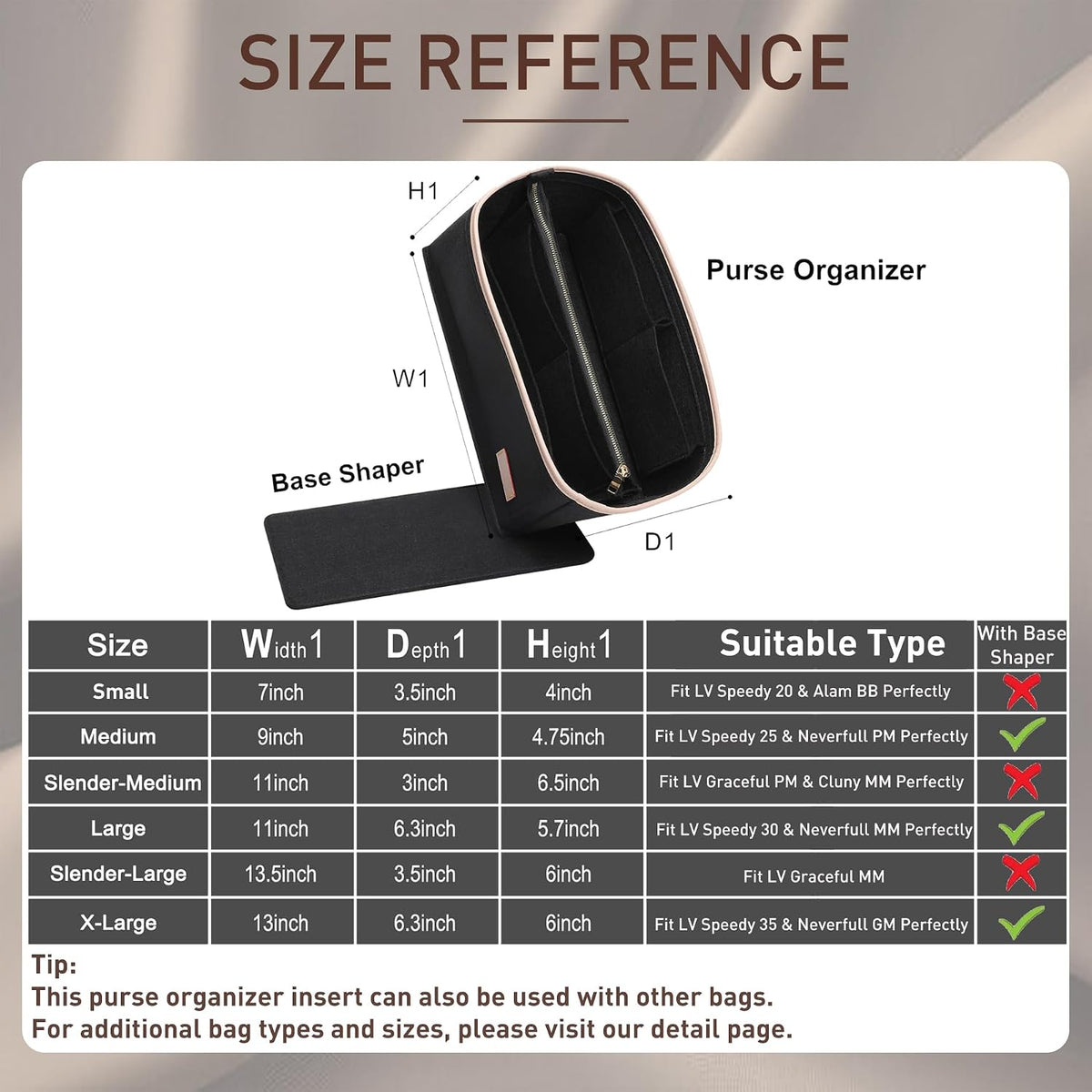 Felt Purse Organizer Insert & Base Shaper 2pc Set for Speedy 25, Black