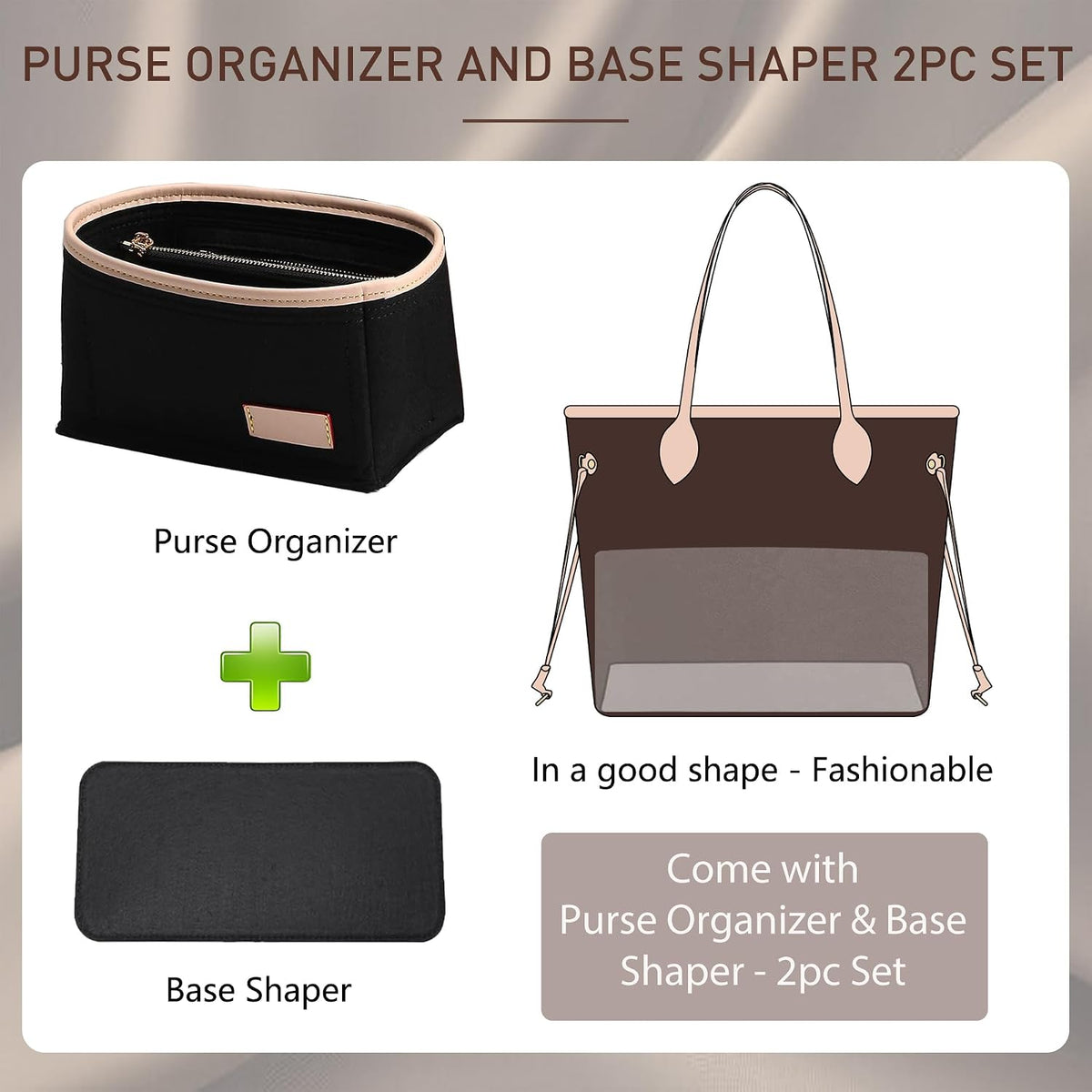 Felt Purse Organizer Insert & Base Shaper 2pc Set for Speedy 25, Black