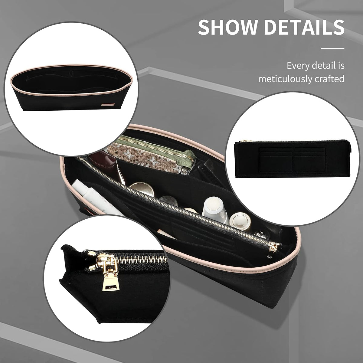 Felt Purse Organizer Insert & Base Shaper 2pc Set for Speedy 25, Black