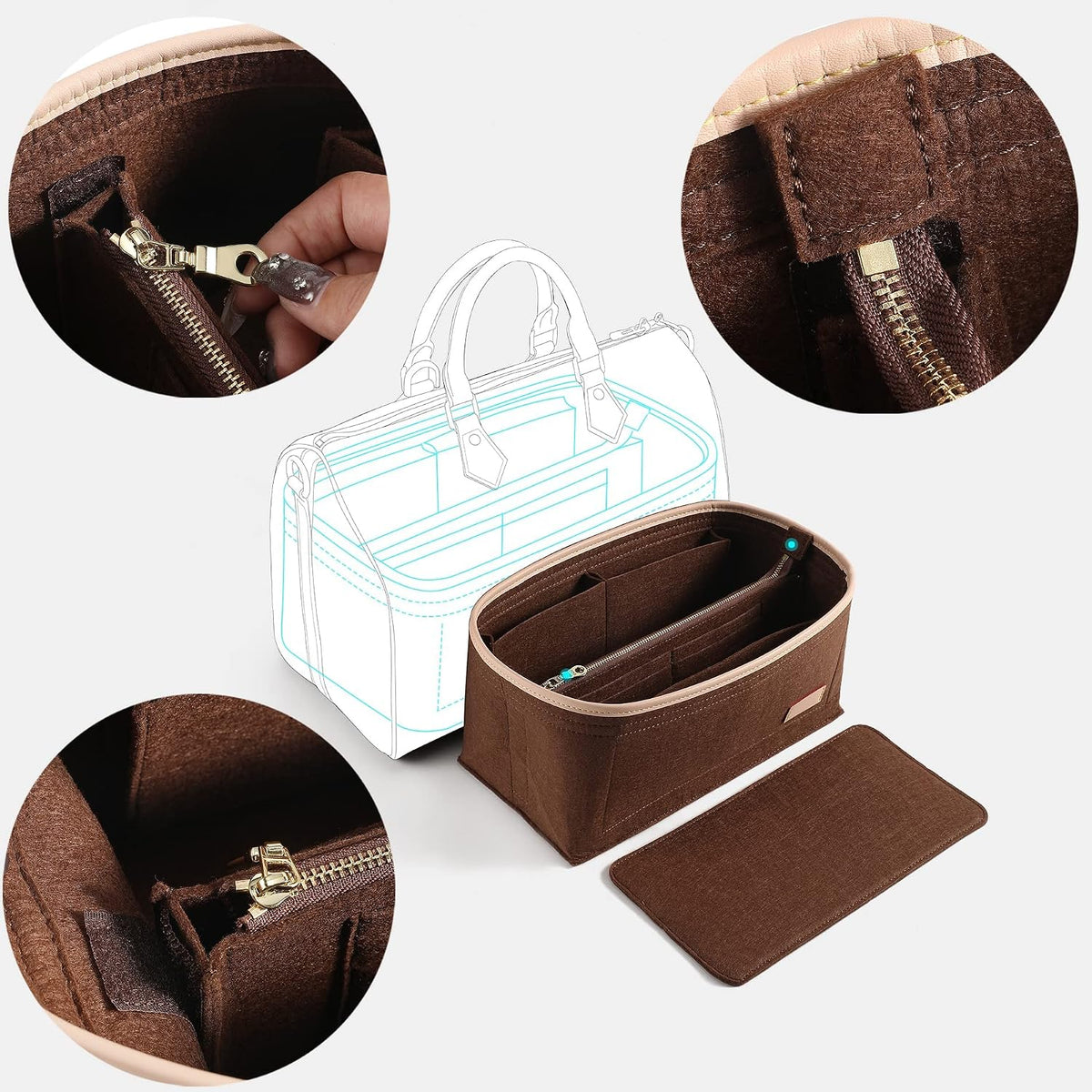 Felt Purse Organizer Insert & Base Shaper 2pc Set for Speedy 25, Black