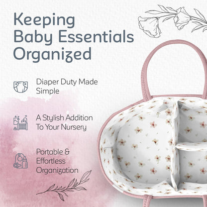 Diaper Caddy Organizer for Baby Nursery Basket with Handle Lid Nursing Caddy with Changing Table Organizer Cart Newborn Caddy Rosy (Floral Print) X-Large
