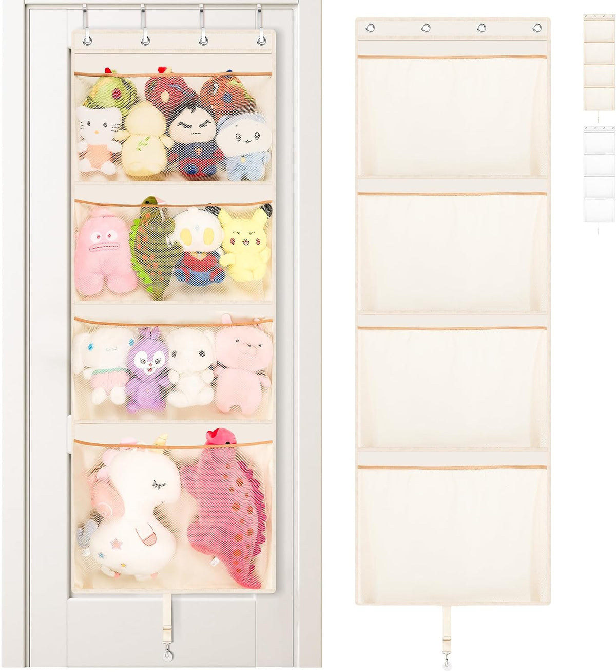 Over the Door Stuffed Animal Storage , 65" Hanging Mesh Toy Organizer with Support Rods & 4 Large Pockets, Extra Large Space-Saving Nursery Hammock for Plush Toys & Dolls with Meat Hook, White