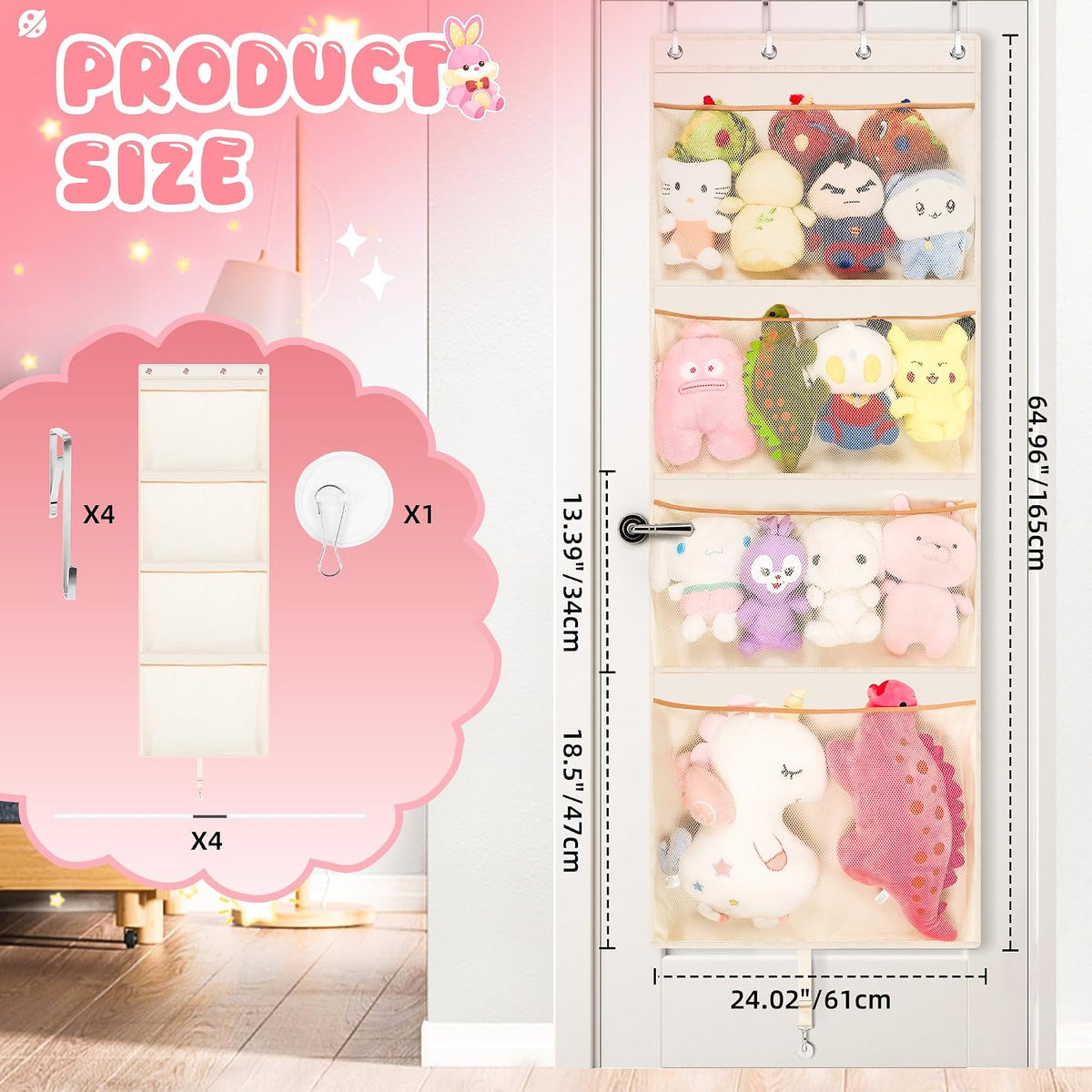 Over the Door Stuffed Animal Storage , 65" Hanging Mesh Toy Organizer with Support Rods & 4 Large Pockets, Extra Large Space-Saving Nursery Hammock for Plush Toys & Dolls with Meat Hook, White