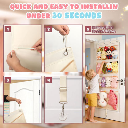 Over the Door Stuffed Animal Storage , 65" Hanging Mesh Toy Organizer with Support Rods & 4 Large Pockets, Extra Large Space-Saving Nursery Hammock for Plush Toys & Dolls with Meat Hook, White