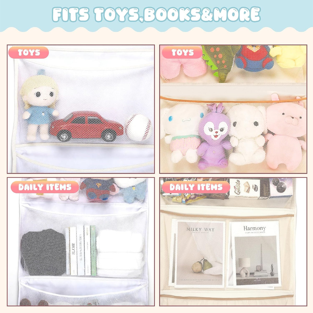 Over the Door Stuffed Animal Storage , 65" Hanging Mesh Toy Organizer with Support Rods & 4 Large Pockets, Extra Large Space-Saving Nursery Hammock for Plush Toys & Dolls with Meat Hook, White