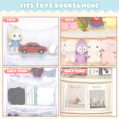Over the Door Stuffed Animal Storage , 65" Hanging Mesh Toy Organizer with Support Rods & 4 Large Pockets, Extra Large Space-Saving Nursery Hammock for Plush Toys & Dolls with Meat Hook, White