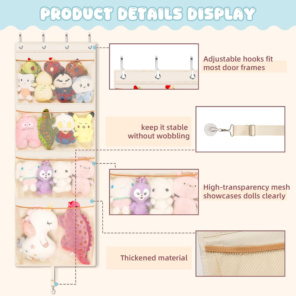 Over the Door Stuffed Animal Storage , 65" Hanging Mesh Toy Organizer with Support Rods & 4 Large Pockets, Extra Large Space-Saving Nursery Hammock for Plush Toys & Dolls with Meat Hook, White