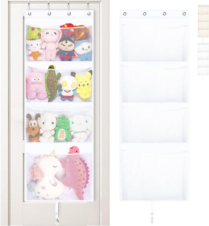 Over the Door Stuffed Animal Storage , 65" Hanging Mesh Toy Organizer with Support Rods & 4 Large Pockets, Extra Large Space-Saving Nursery Hammock for Plush Toys & Dolls with Meat Hook, White
