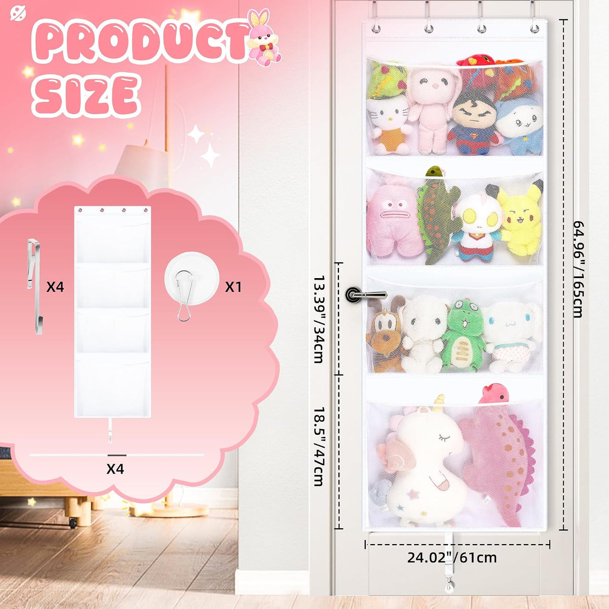 Over the Door Stuffed Animal Storage , 65" Hanging Mesh Toy Organizer with Support Rods & 4 Large Pockets, Extra Large Space-Saving Nursery Hammock for Plush Toys & Dolls with Meat Hook, White