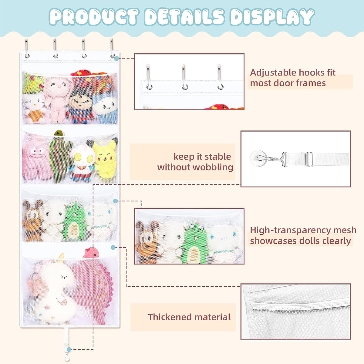 Over the Door Stuffed Animal Storage , 65" Hanging Mesh Toy Organizer with Support Rods & 4 Large Pockets, Extra Large Space-Saving Nursery Hammock for Plush Toys & Dolls with Meat Hook, White