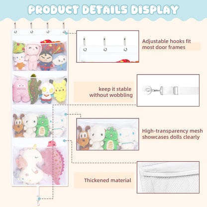 Over the Door Stuffed Animal Storage , 65" Hanging Mesh Toy Organizer with Support Rods & 4 Large Pockets, Extra Large Space-Saving Nursery Hammock for Plush Toys & Dolls with Meat Hook, White