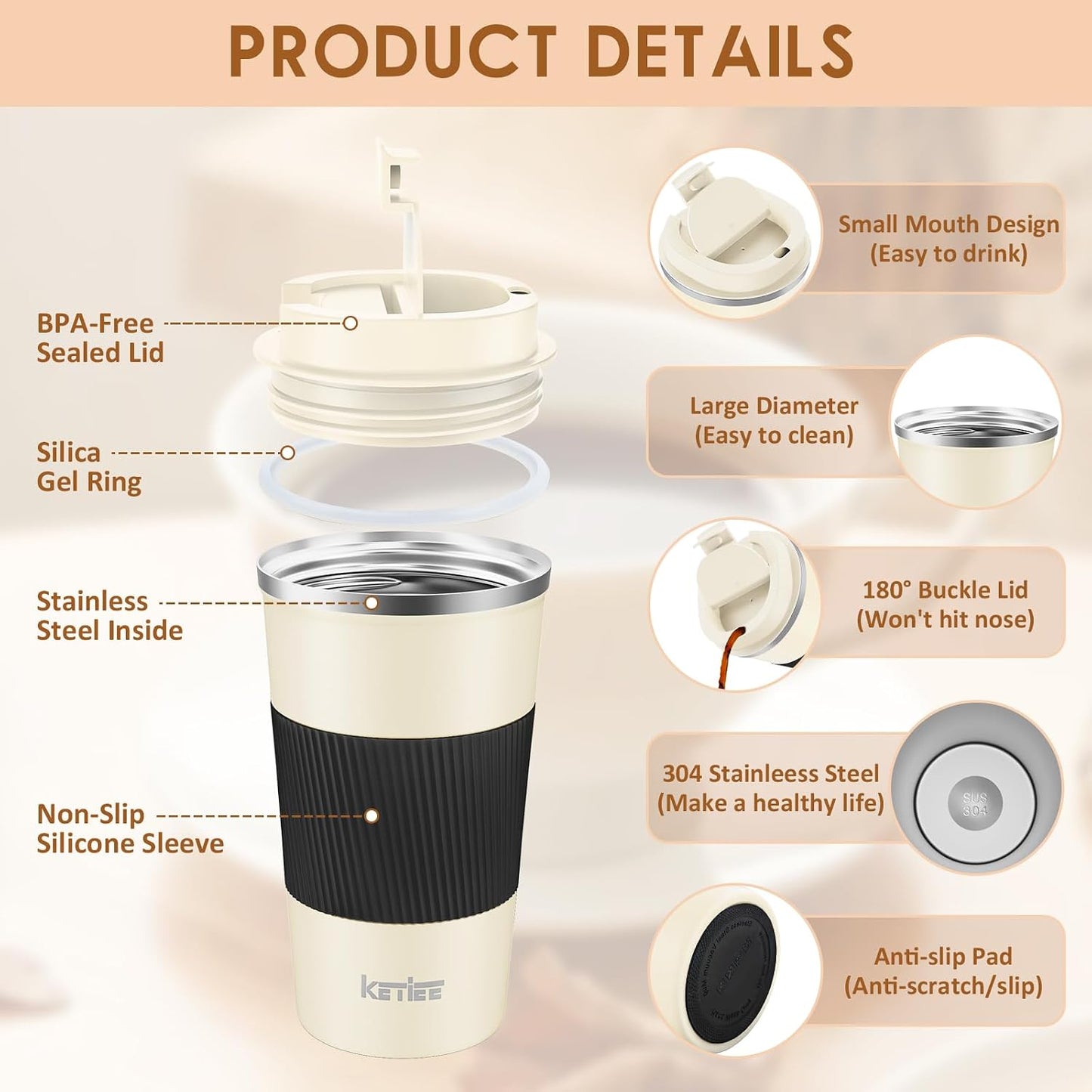 Travel Coffee Mug Spill Proof 12oz, Insulated Travel Mug to Go, Reusable Coffee Cup with Seal Lid, Vacuum Stainless Steel Tumbler for Hot/Cold Drinks (Red)