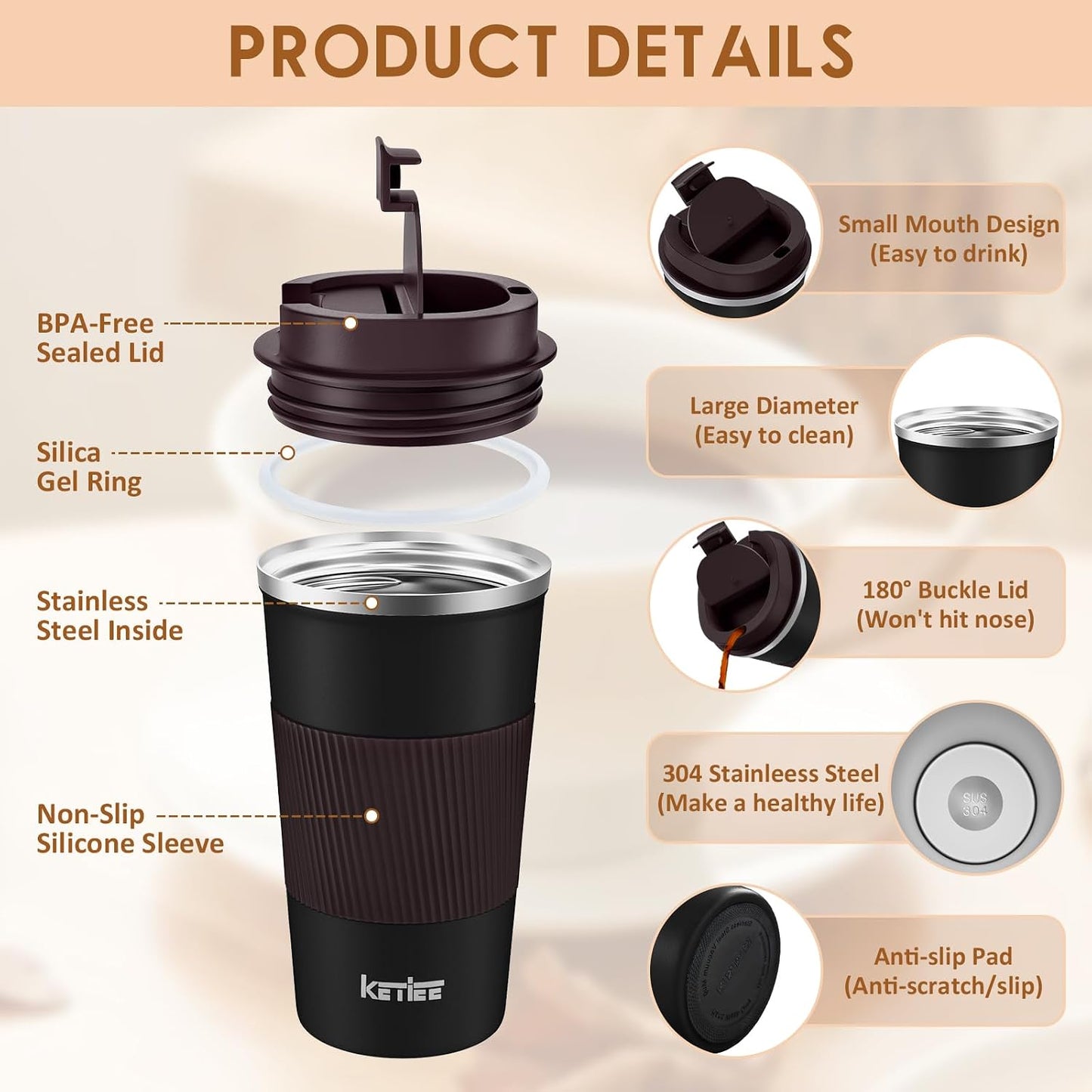 Travel Coffee Mug Spill Proof 12oz, Insulated Travel Mug to Go, Reusable Coffee Cup with Seal Lid, Vacuum Stainless Steel Tumbler for Hot/Cold Drinks (Red)