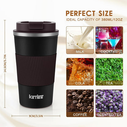 Travel Coffee Mug Spill Proof 12oz, Insulated Travel Mug to Go, Reusable Coffee Cup with Seal Lid, Vacuum Stainless Steel Tumbler for Hot/Cold Drinks (Red)
