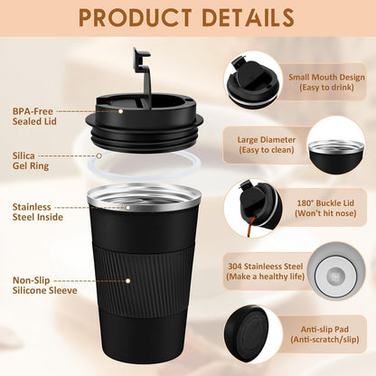 Travel Coffee Mug Spill Proof 12oz, Insulated Travel Mug to Go, Reusable Coffee Cup with Seal Lid, Vacuum Stainless Steel Tumbler for Hot/Cold Drinks (Red)