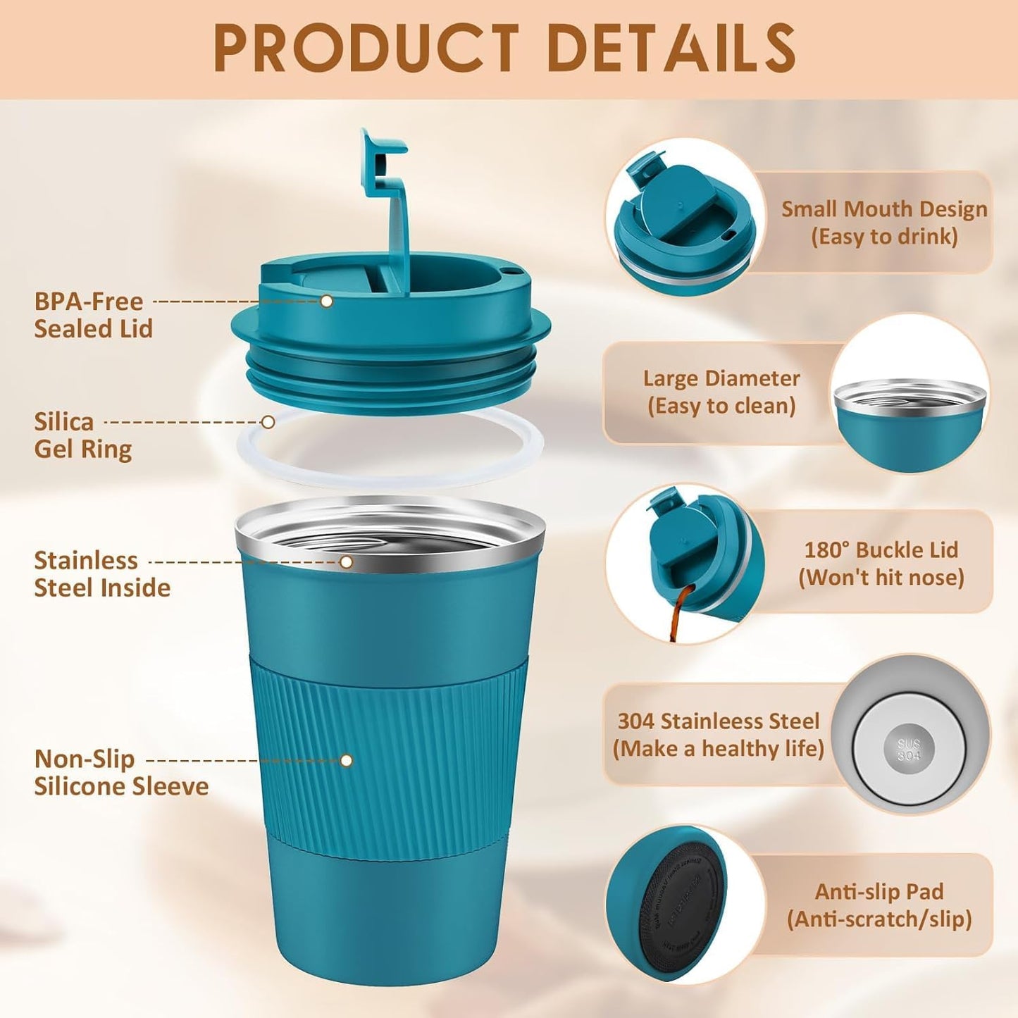 Travel Coffee Mug Spill Proof 12oz, Insulated Travel Mug to Go, Reusable Coffee Cup with Seal Lid, Vacuum Stainless Steel Tumbler for Hot/Cold Drinks (Red)