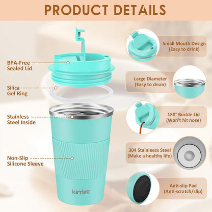Travel Coffee Mug Spill Proof 12oz, Insulated Travel Mug to Go, Reusable Coffee Cup with Seal Lid, Vacuum Stainless Steel Tumbler for Hot/Cold Drinks (Red)