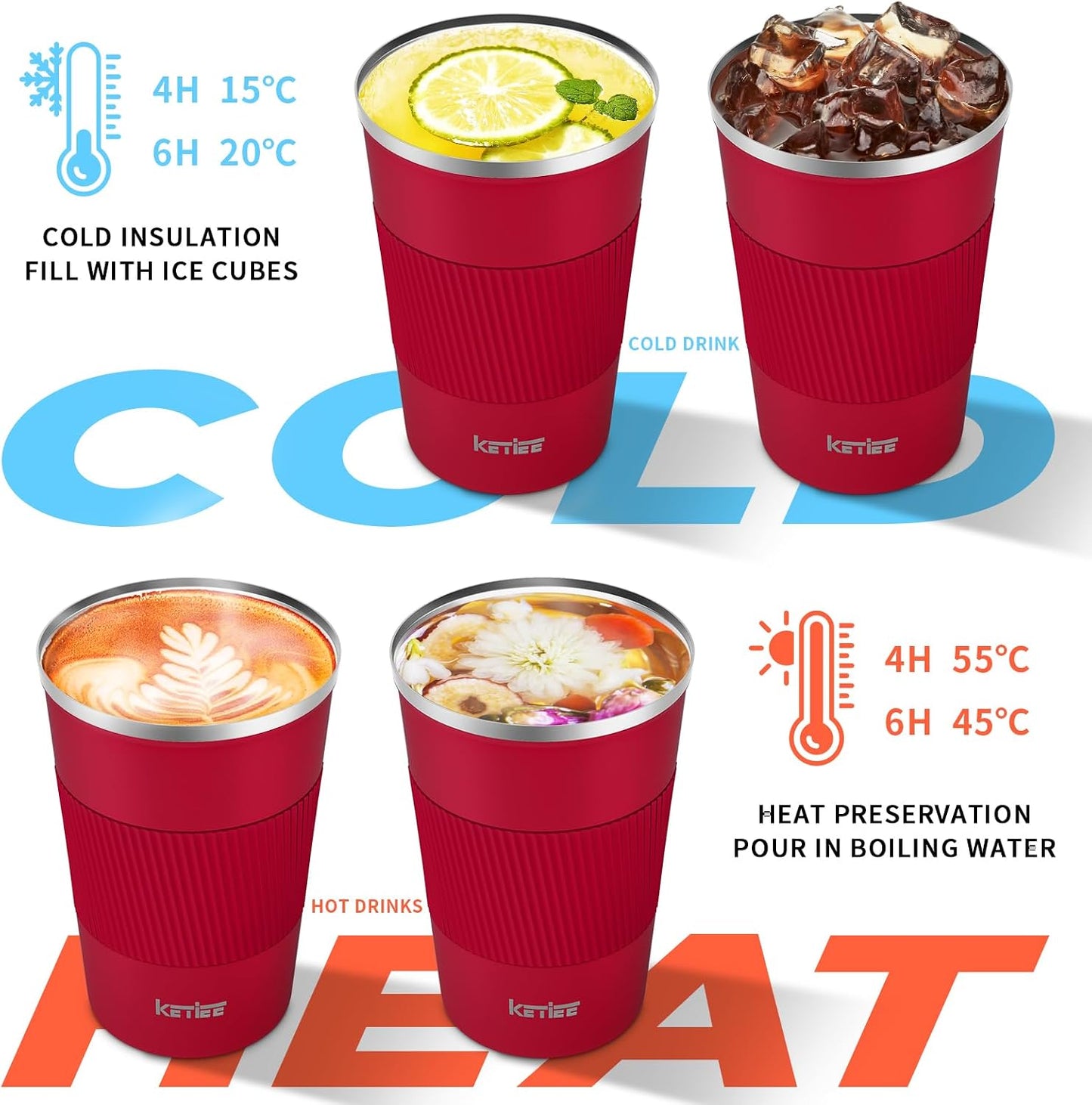 Travel Coffee Mug Spill Proof 12oz, Insulated Travel Mug to Go, Reusable Coffee Cup with Seal Lid, Vacuum Stainless Steel Tumbler for Hot/Cold Drinks (Red)