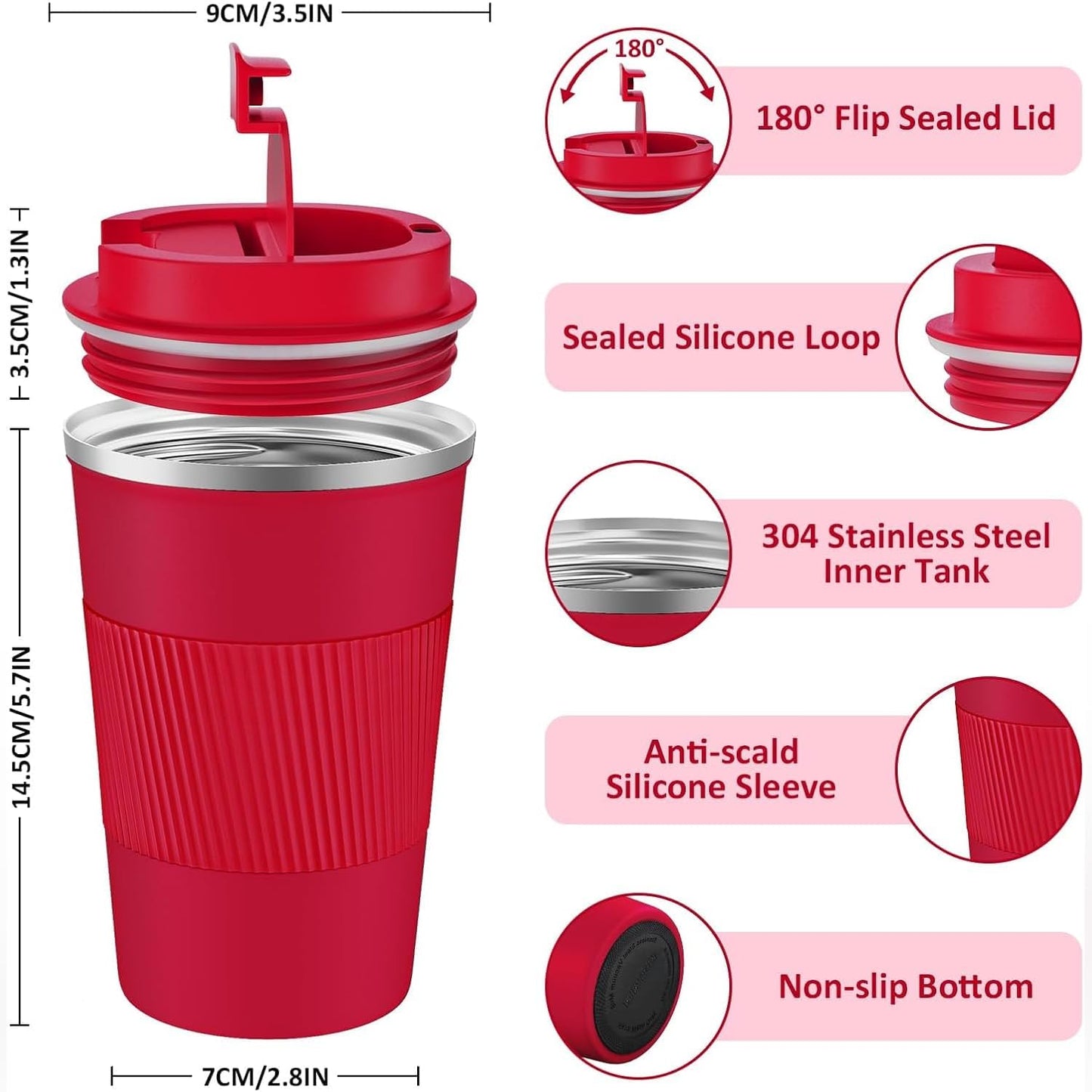 Travel Coffee Mug Spill Proof 12oz, Insulated Travel Mug to Go, Reusable Coffee Cup with Seal Lid, Vacuum Stainless Steel Tumbler for Hot/Cold Drinks (Red)
